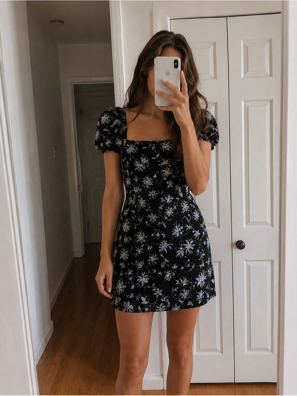 Francesca’s Black Floral Square-Neck Mini Dress with Puff Sleeve